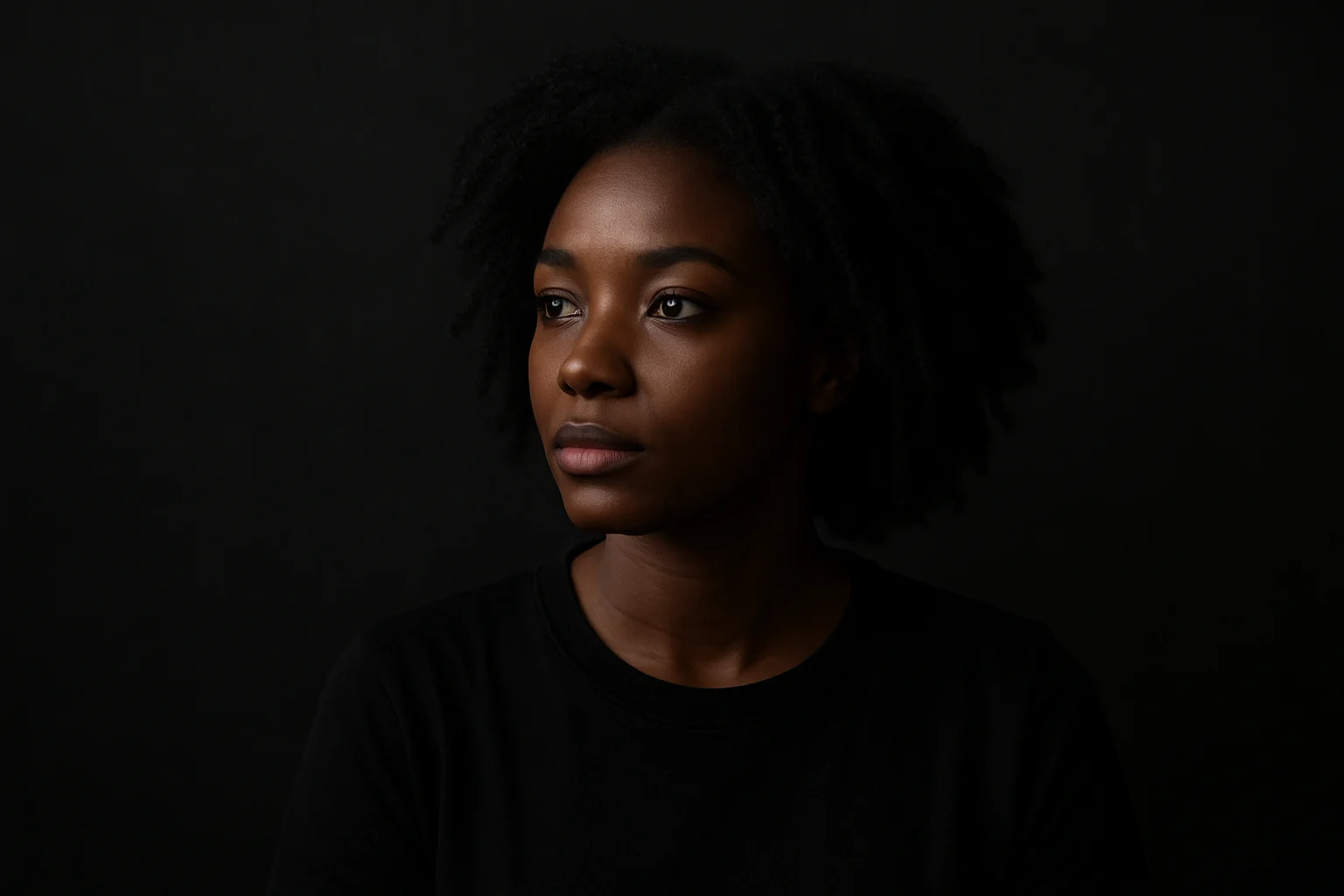 Een vrouw met natuurlijk krullend haar en een zwart topje kijkt lichtjes opzij tegen een donkere achtergrond, wat de contemplatieve stemming oproept die vaak wordt verkend bij de vraag: "Wat is de spirituele betekenis van de kleur zwart?.