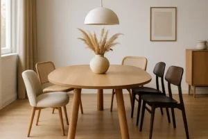 Een moderne eetkamer met een ronde houten tafel - perfect als je je afvraagt: "Wat is de trend in eettafels?". Gemengde lichte en donkere stoelen, een witte vaas met pampagras, hanglampen en een minimalistische inrichting maken de stijlvolle look compleet.
