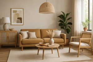 Een gezellige woonkamer met een bruine bank, neutrale kussens, houten salontafel, fauteuil, dressoir, abstracte muurkunst, grote plant en een geweven lamp - wat de trend is in meubels - baadt in natuurlijk licht van een nabijgelegen raam.