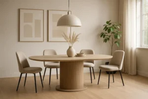 Een moderne eetkamer met een lichthouten ovale tafel - een perfect antwoord op "Wat is de trend voor eetkamertafels"- vier beige stoelen, een vaas van pampagras, abstracte kunst, een grote hanglamp, een potplant en neutrale gordijnen.
