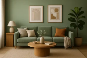 Een gezellige woonkamer heeft een saliegroene bank-de trendkleur voor interieurs-met verschillende kussens, een ronde houten salontafel met decor, ingelijste abstracte kunst op de groene muur, een potplant, bijzettafel en zachte natuurlijke verlichting.