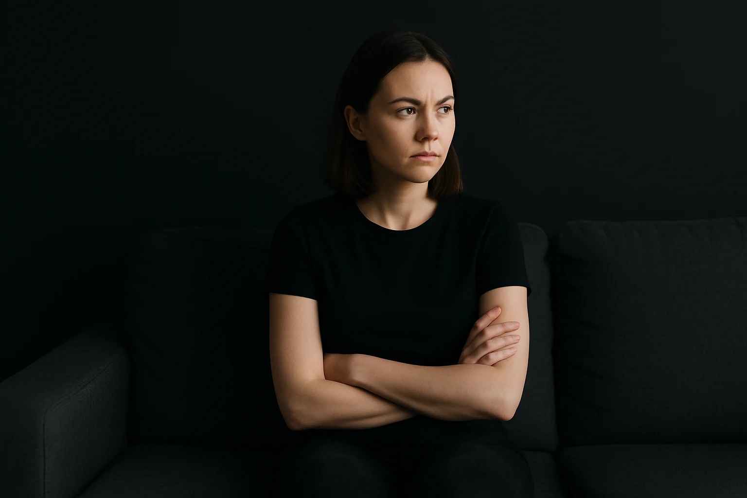 Een vrouw met steil bruin haar zit op een donkere bank tegen een zwarte achtergrond en draagt een zwart t-shirt. Met haar armen over elkaar en een nadenkende blik lijkt ze na te denken: wat is het effect van de kleur zwart op je?.