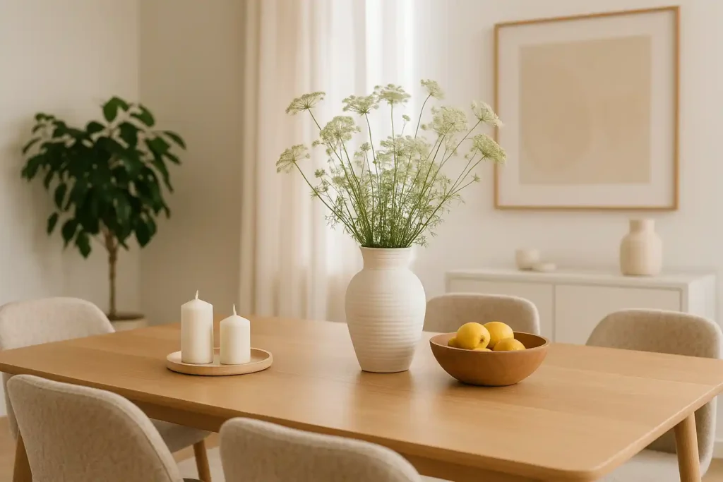 Een moderne eetkamer met een houten tafel gedekt met een witte vaas bloemen, twee witte pilaarkaarsen op een dienblad en een houten schaal met gele appels-ideaal voor wie zich afvraagt: wat is leuk om op de eettafel te zetten? Een minimalistische inrichting maakt het plaatje compleet.