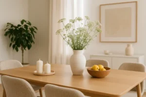 Een moderne eetkamer met een houten tafel gedekt met een witte vaas bloemen, twee witte pilaarkaarsen op een dienblad en een houten schaal met gele appels-ideaal voor wie zich afvraagt: wat is leuk om op de eettafel te zetten? Een minimalistische inrichting maakt het plaatje compleet.