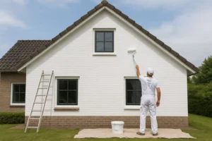 Een persoon in een witte overall verft de buitenmuur van een huis wit met een roller. Er staat een ladder tegen het huis en een verfemmer staat op een droogdoek terwijl ze nadenken: wat kost het om een huis wit te schilderen?.