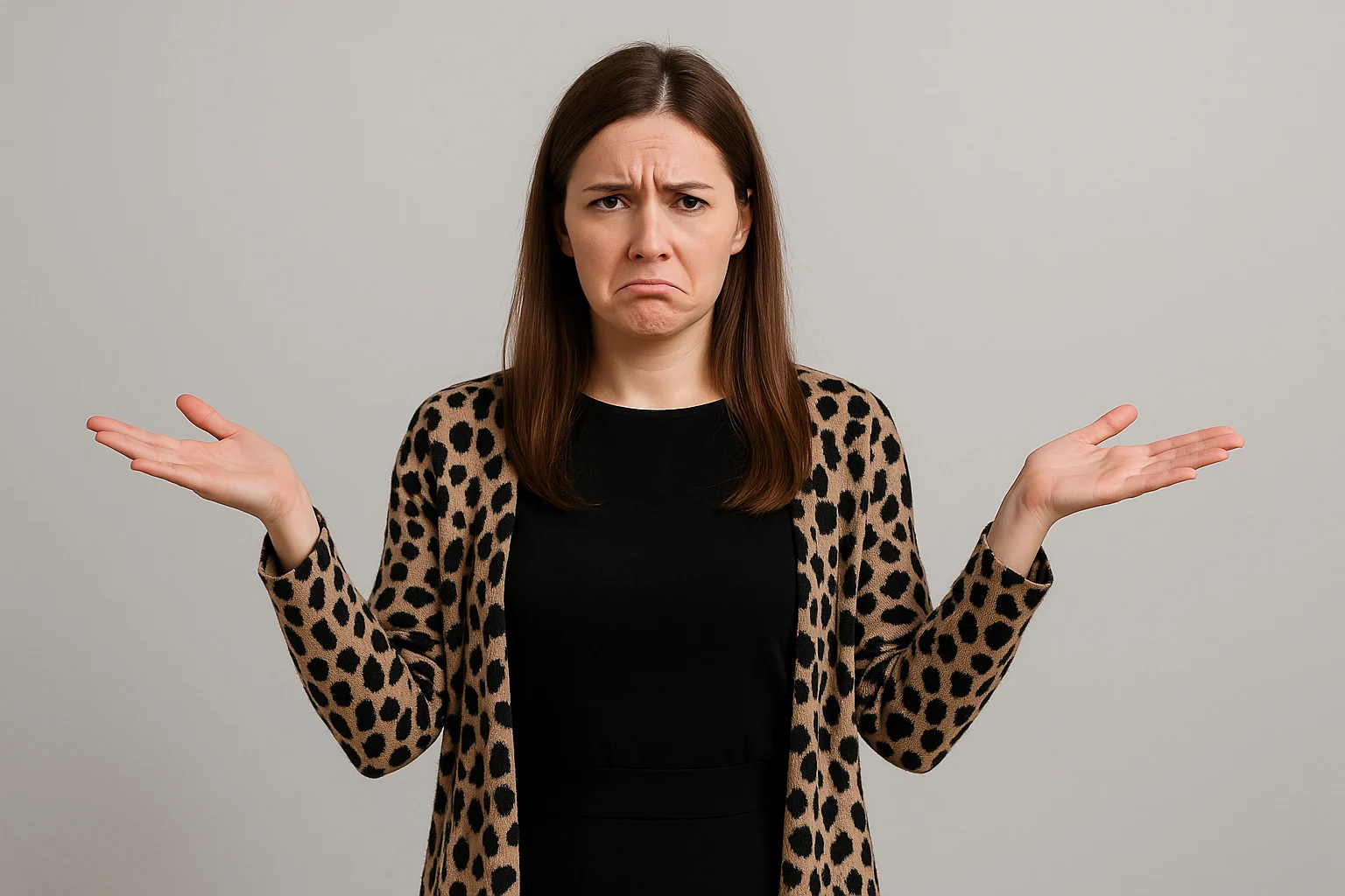 Een vrouw met lang bruin haar draagt een zwart topje en een vest met luipaardprint tegen een effen achtergrond. Ze steekt haar handen op en fronst alsof ze nadenkt: "Wat kun je niet combineren met zwart?.