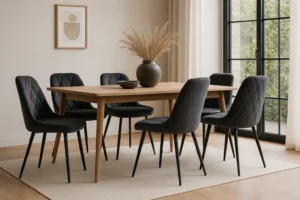 Een moderne eetkamer met een lichte houten tafel, zes wat maakt antraciet grijze eetkamerstoelen met kussens, een donkere vaas met gedroogd pampagras, een schaal, een licht vloerkleed, ingelijste muurkunst en grote ramen met uitzicht op de tuin.