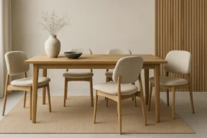 Een minimalistische eetkamer met een lichthouten tafel, zes wat maakt beige eetkamerstoelen elegant gestoffeerde stoelen, een grote keramieken vaas met gedroogde bloemen, een donkere schaal en een beige vloerkleed op een lichte vloer; neutrale muren met verticale houten lambrisering aan de rechterkant.