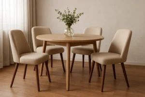 Een ronde houten eettafel met vier beige eetkamerstoelen, geplaatst op een houten vloer. Een glazen vaas met groen gebladerte staat in het midden van de tafel. Licht valt naar binnen door een raam met witte gordijnen op de achtergrond.