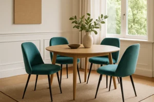 Een ronde houten eettafel met een beige vaas met groene bladertakken en een schaal staat op een licht vloerkleed, omringd door vier blauwgroene eetkamerstoelen in een lichte kamer met grote ramen en witte gordijnen.