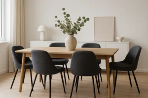Minimalistische eetkamer met een houten tafel, zes donkere grijze stoelen, een vaas met groen middenstuk en eenvoudige decoratie op een wit dressoir tegen een lichtgekleurde muur. Natuurlijk licht valt binnen via een raam aan de linkerkant. Wat maakt donker grijs uniek?.