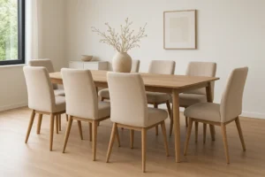 Een eetkamer met een lichthouten tafel omringd door zes beige gestoffeerde stoelen, met de nadruk op wat een beige eetkamerstoel zo stijlvol maakt. Een grote vaas met takken staat op tafel, met een minimalistische inrichting en een ingelijst abstract kunstwerk aan de muur.
