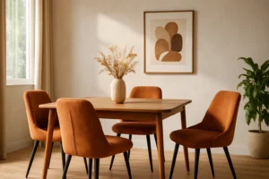 Een moderne eetkamer met een houten tafel, vier oranje gestoffeerde stoelen - perfect voor wie zich afvraagt "hoe kies je de juiste oranje eetkamerstoelen" - een vaas met gedroogd gras, abstracte muurkunst en zonlicht dat door een raam naar binnen schijnt.