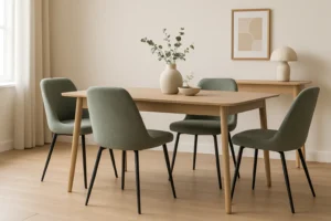 Een moderne eetkamer met een houten tafel, vier grijze groene eetkamerstoelen, een vaas met groen, een schaal, een dressoir, een decoratieve lamp, ingelijste kunst aan de muur en natuurlijk licht uit een raam. Wat maakt deze ruimte zo stijlvol?.