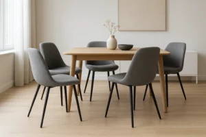 Een lichte houten eettafel met vijf moderne grijze eetkamerstoelen in een minimalistische kamer. Op de tafel staan een zwarte kom, een lichte kom en een kleine vaas met gedroogde bloemen. Licht stroomt naar binnen vanuit een raam aan de linkerkant.