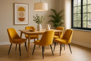 Een moderne eetkamer met een houten tafel, zes mosterdgele stoelen-wat maakt oker gele eetkamerstoelen echt bijzonder. Een witte vaas met groen, een minimalistische inrichting en een groot raam fleuren de ruimte op naast een potplant.