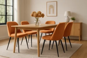 Een moderne eetkamer met een houten tafel, zes oranje gestoffeerde stoelen - perfect als je je afvraagt "hoe kies je de juiste oranje eetkamerstoelen" - een vaas met gedroogde bloemen, minimalistische kunstwerken, een lamp op een dressoir en natuurlijk licht door de grote ramen.