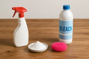 Een spuitfles, een bakje wit poeder, een fles met de tekst BLEACH (wat mag je niet gebruiken op een houten tafelblad) en een roze reinigingsspons staan op een houten oppervlak.