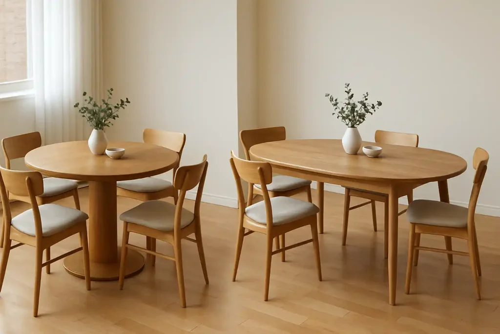 Twee houten eettafels, elk met vier bijpassende stoelen, staan in een lichte kamer met lichte houten vloeren. Benieuwd wat er meer ruimte in moet? Elke tafel heeft een witte vaas met groen gebladerte en een kleine witte schaal als centerpieces.