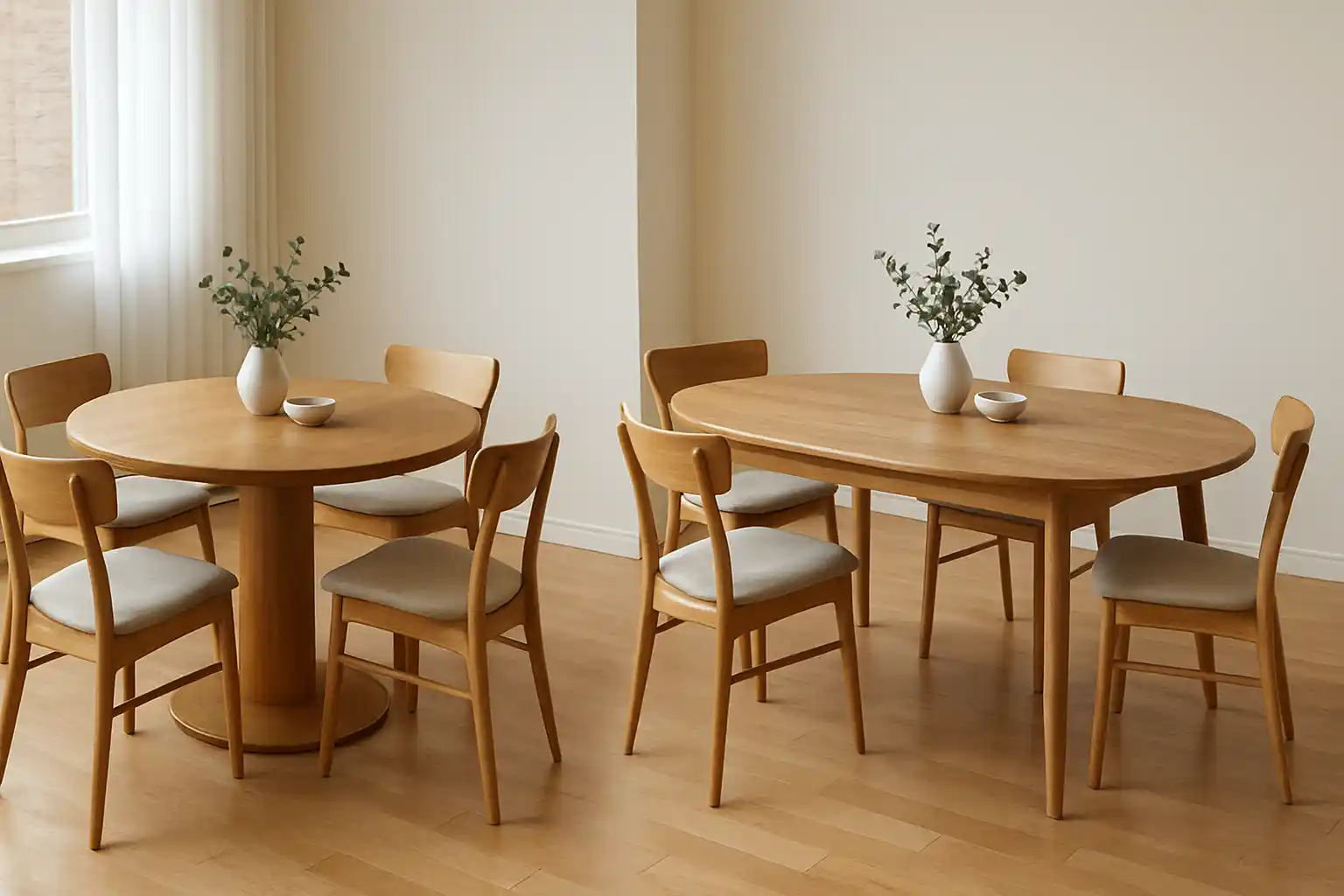 Twee houten eettafels, elk met vier bijpassende stoelen, staan in een lichte kamer met lichte houten vloeren. Benieuwd wat er meer ruimte in moet? Elke tafel heeft een witte vaas met groen gebladerte en een kleine witte schaal als centerpieces.