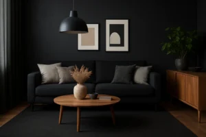 Een moderne woonkamer met een donkere bank, neutrale kussens en een houten salontafel - perfect voor wie zich afvraagt wat er voorbij komt bij een zwart interieur - heeft abstracte prints op een zwarte muur, een grote plant en een houten dressoir onder zachte verlichting.