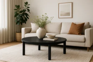 Een moderne woonkamer met een beige bank, bruine kussens en een zwarte ronde salontafel-wat past bij een zwarte salontafel, inclusief een vaas met groen gebladerte, een schaal, boeken, een grote potplant en neutrale muurkunst.