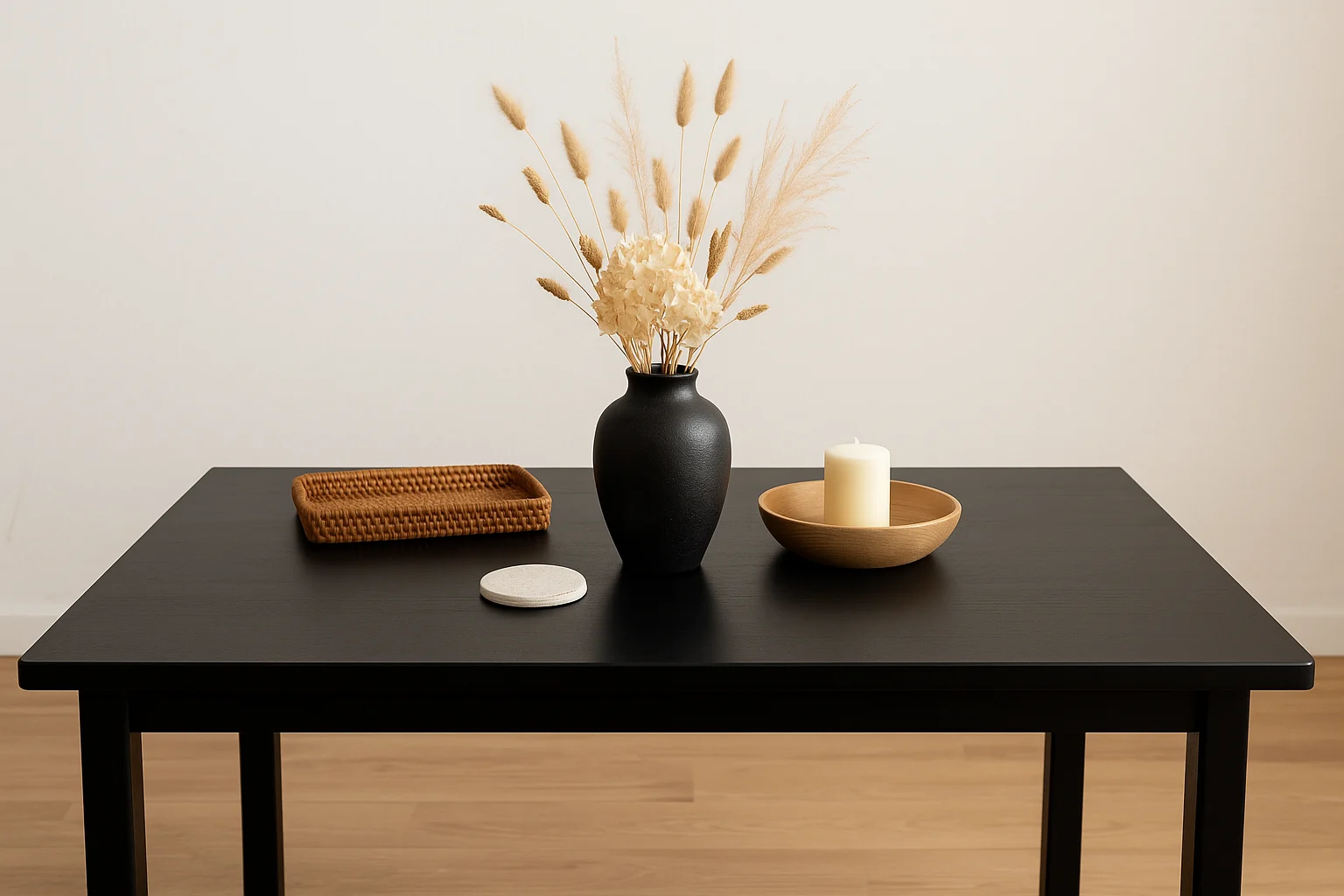 Een zwarte tafel met een zwarte vaas gedroogde bloemen, een rieten dienblad, een ronde witte onderzetter en een houten schaal met een witte kaars-wat staat mooi op een zwarte tafel tegen een lichte muur en houten vloer.
