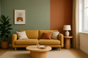 Een moderne woonkamer met een mosterdgele bank, neutrale kussens en abstracte muurkunst weerspiegelt wat de interieurkleurtrends zijn voor 2025, met groene en terracotta muren, een houten salontafel, een plant in potten en binnenvallend zonlicht.