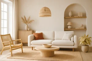 Een gezellige, minimalistische woonkamer met een lichtbeige bank, een houten salontafel, een rotan stoel, een geweven hanglamp en een neutrale inrichting met planten, vazen en planken tegen crèmekleurige muren.
