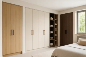 Een moderne slaapkamer met drie ingebouwde kasten in licht hout, wit en donker hout weerspiegelt wat zijn de kasttrends; een open kast houdt decor en boeken, terwijl het bed naast een raam staat met uitzicht op groen.