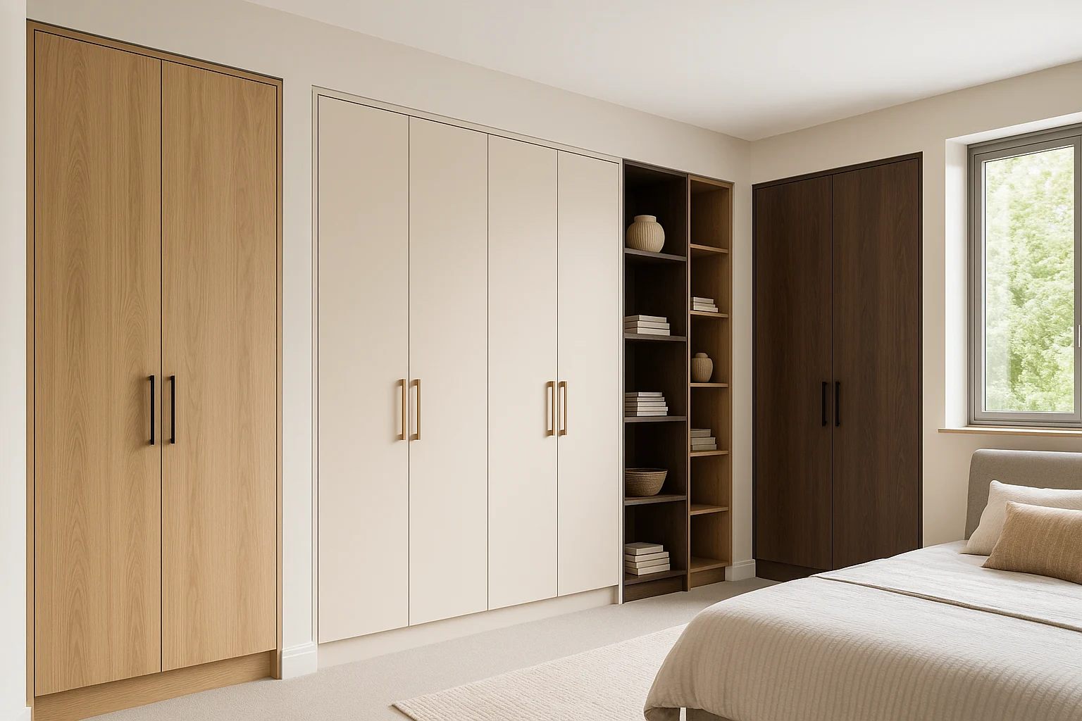 Een moderne slaapkamer met drie ingebouwde kasten in licht hout, wit en donker hout weerspiegelt wat zijn de kasttrends; een open kast houdt decor en boeken, terwijl het bed naast een raam staat met uitzicht op groen.
