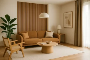 Minimalistische woonkamer met een bruine bank, houten stoel, ronde salontafel en grote plant. Verticale houten latten accentueren de muur achter de bank-een mooi voorbeeld van wat zijn de meubeltrends in neutrale, lichte interieurs.