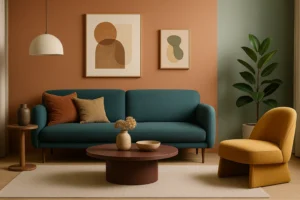 Een moderne woonkamer met een blauwgroene bank, een mosterdkleurige stoel, een ronde salontafel, een plant in potten en abstracte kunst op aardetinten muren laat op subtiele wijze zien wat de mode kleuren voor interieurs is in een gezellige, stijlvolle sfeer gevuld met zacht natuurlijk licht.