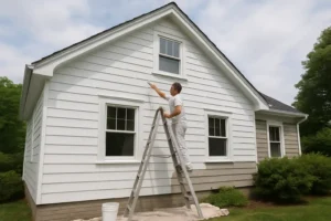 Een persoon staat op een ladder de buitenkant van een wit huis te schilderen op een zonnige dag. Terwijl de tuin groen is met struiken, kun je je afvragen: wat zijn de nadelen van wit schilderen bij het kiezen van deze heldere kleur voor hun huis.