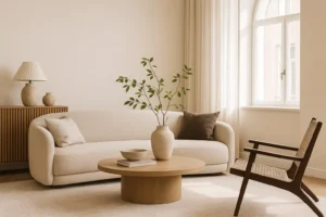 Minimalistische woonkamer met een crèmekleurige bank, houten salontafel en fauteuil. Neutrale tinten en zacht licht benadrukken de eenvoudige inrichting-een stijl die perfect past bij wat zijn de nieuwe meubeltrends. Een vaas met groene takken voegt een rustige, moderne toets toe.
