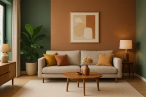 Een moderne woonkamer met een beige bank, oranje en mosterdkleurige kussens - wat zijn de nieuwste kleuren - plus een ronde houten salontafel, een plant in potten en minimalistische kunst aan een muur in aardetinten. Warme verlichting en een natuurlijke inrichting creëren een gezellige sfeer.