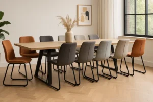 Een moderne eetkamer met een houten tafel, tien gestoffeerde eetkamerstoelen in bruine en grijze tinten die weerspiegelen wat de trends zijn voor 2025, een vaas met gedroogd gras, lichte visgraat houten vloeren, een groot raam en minimalistische muurkunst.