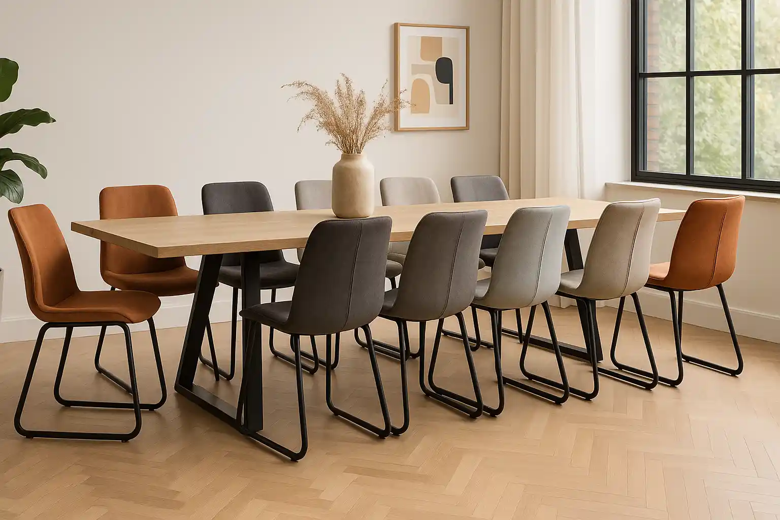 Een moderne eetkamer met een houten tafel, tien gestoffeerde stoelen in bruine en grijze tinten die weerspiegelen wat de trends zijn voor eetkamerstoelen, een vaas met gedroogd gras, lichte visgraat houten vloeren, een groot raam en minimalistische muurkunst.