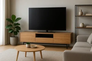 Een moderne woonkamer met een grote flatscreentelevisie op een houten tv-meubel - perfect voor wie zich afvraagt "Wat zijn de trends voor tv-meubels?"- plus een potplant, ronde salontafel, beige vloerkleed, grijze bank en een plank met decoratieve voorwerpen.