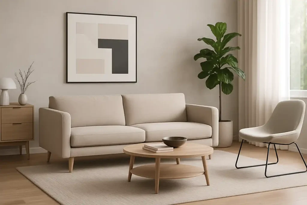 Een moderne woonkamer met een beige bank, lichte stoel, ronde houten salontafel en potplant laat zien wat zijn moderne meubels zijn in een gezellige, minimalistische ruimte met neutrale muurkunst en ramen met transparante gordijnen.