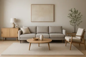 Een moderne woonkamer met een beige bank, lichte stoel, ronde houten salontafel en potplant laat zien wat zijn moderne meubels zijn in een gezellige, minimalistische ruimte met neutrale muurkunst en ramen met transparante gordijnen.