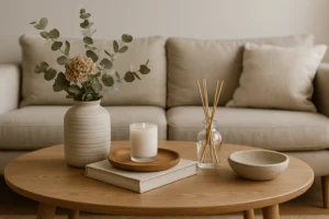 Een beige bank achter een houten salontafel gestyled met populaire decoratieartikelen voor op de salontafel: een vaas met gedroogde bloemen, een brandende kaars op een boek, een schaal en een glazen pot met rietverspreiders netjes gerangschikt.