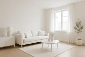 Minimalistische woonkamer met witte muren, een witte bank, salontafel, vloerkleed en transparante gordijnen. Welk effect heeft de kleur wit? Het zorgt voor een heldere, serene ruimte met een gevoel van rust en ruimtelijkheid.