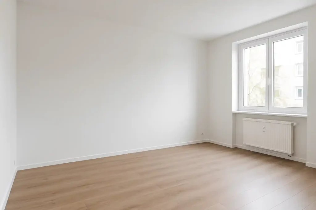 Een lege kamer met witte muren -dat gevoel krijg je van witte muren- heeft een groot raam dat natuurlijk licht binnenlaat, een witte radiator eronder en lichtgekleurde houten vloeren.