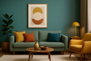 Een moderne woonkamer met een groenblauwe bank, kleurrijke kussens en een gele fauteuil laat zien hoe 3 kleuren mooi zijn bij elkaar. Een ronde houten salontafel, een plant in pot, een gele tafellamp en abstracte kunst maken de look compleet. Natuurlijk licht valt van rechts naar binnen.