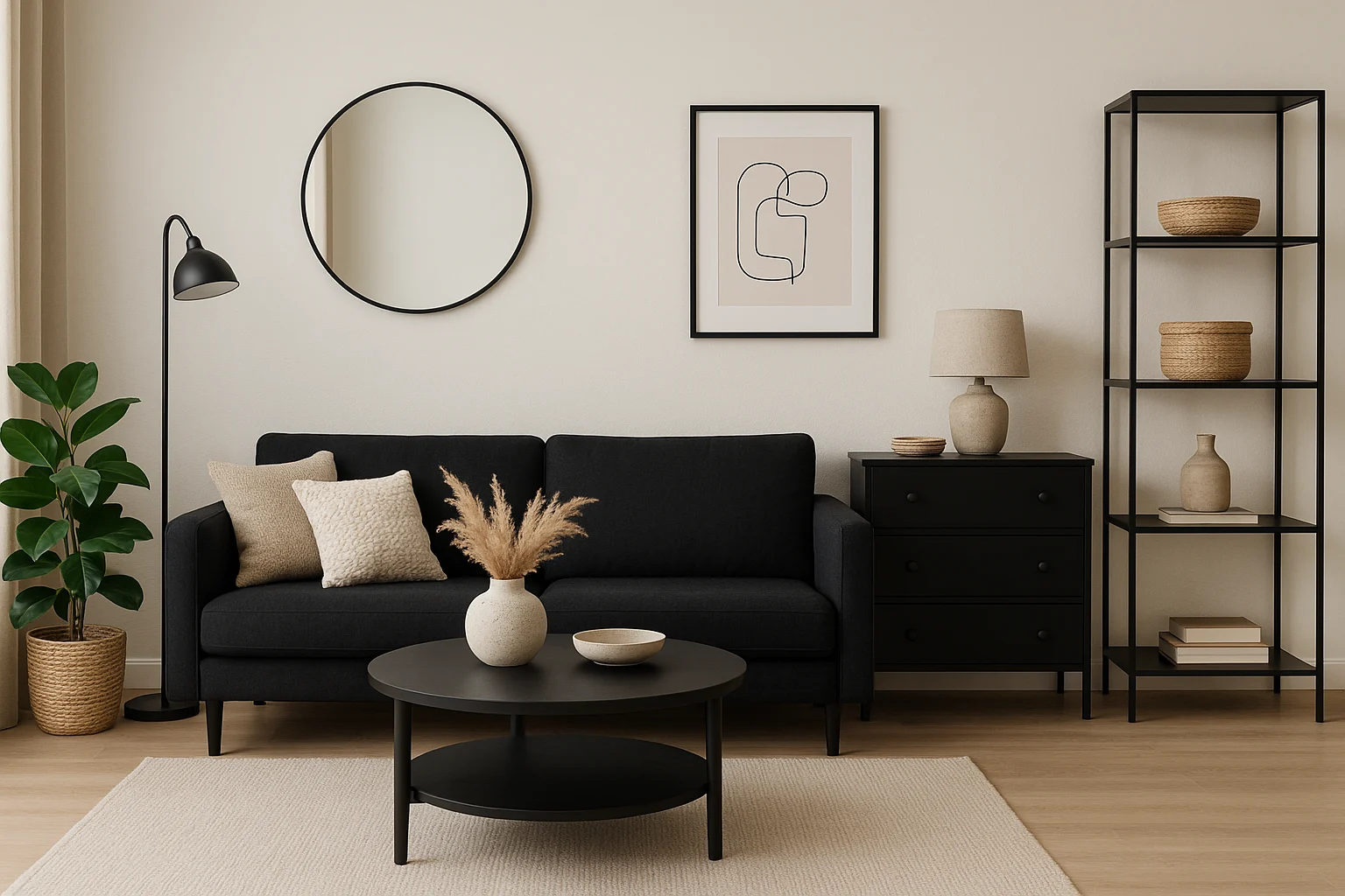 Minimalistische woonkamer met een zwarte bank, beige kussens, ronde zwarte salontafel en subtiele accenten die laten zien welke accessoires bij zwarte meubels passen, zoals gevlochten manden, abstracte muurkunst, een potplant en neutrale inrichting op een licht vloerkleed op een houten vloer.