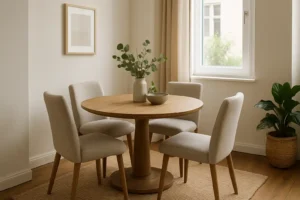 Een ronde houten eettafel-ideaal als je afvraagt "welke eettafel in kleine ruimte"-met vier beige stoelen, een vaas met groen en een schaal. De kamer heeft een raam, kunst aan de muur, neutrale tinten en een plant op een geweven vloerkleed.