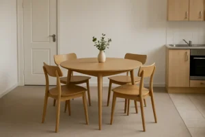 Een minimalistische eethoek met een ronde houten tafel - perfect voor wie Welke eettafel neemt denkt - vier bijpassende stoelen en een witte vaas met groen gebladerte. Op de achtergrond zijn lichthouten keukenkastjes en een roestvrijstalen gootsteen zichtbaar.