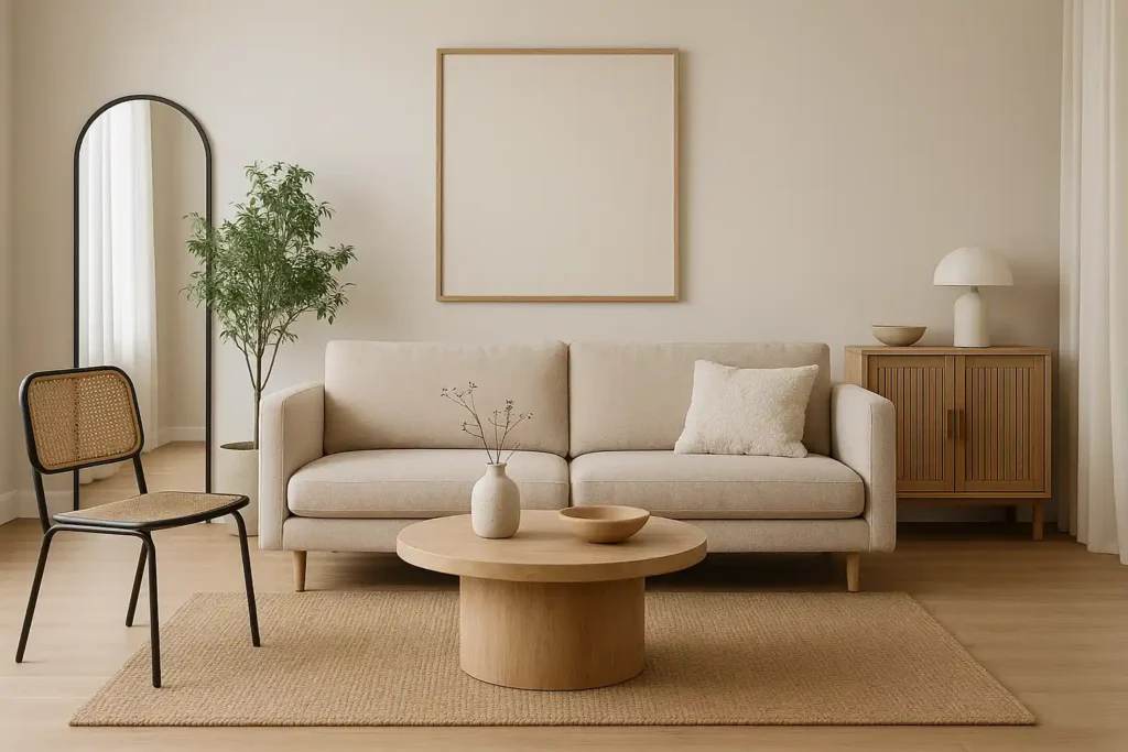 Minimalistische woonkamer met een beige bank, ronde houten salontafel, stoel met zwart frame, potplant en grote gewelfde spiegel - tijdloze elegantie zoals welke interieurtrends verdwijnen ten gunste van neutrale tinten en natuurlijke materialen.