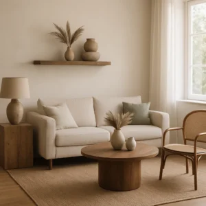 Een gezellige, minimalistische woonkamer met een beige bank, neutrale kussens, houten salontafel en rotan stoel weerspiegelt nieuwe stijlen zoals welke interieurtrends verdwijnen. Gedroogde grassen en vazen maken de look af, zacht verlicht door natuurlijk licht uit een raam.